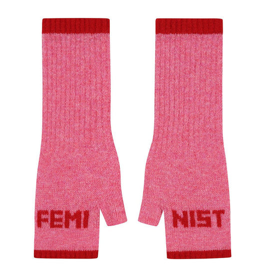 Black & Beech Feminist Fingerless Mittens in French Rose & Rouge