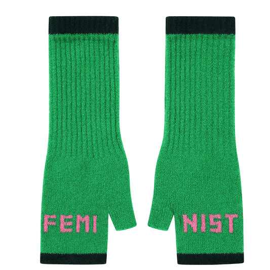 Black & Beech Feminist Fingerless Mittens in Kelly Green & Bubblegum