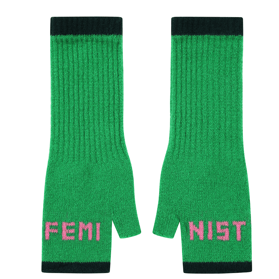 Black & Beech Feminist Fingerless Mittens in Kelly Green & Bubblegum