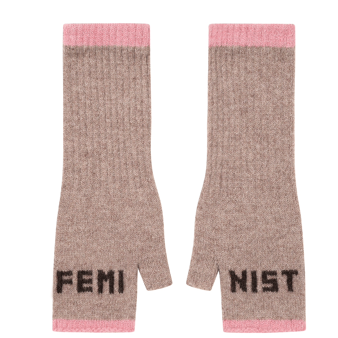 Black & Beech Feminist Fingerless Mittens in Mushroom & Cocoa