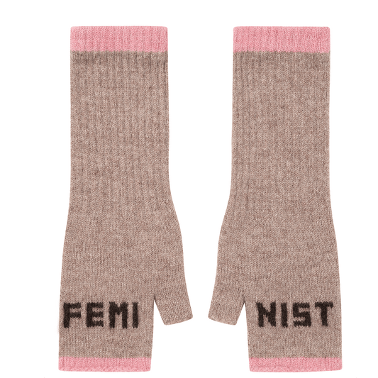 Black & Beech Feminist Fingerless Mittens in Mushroom & Cocoa