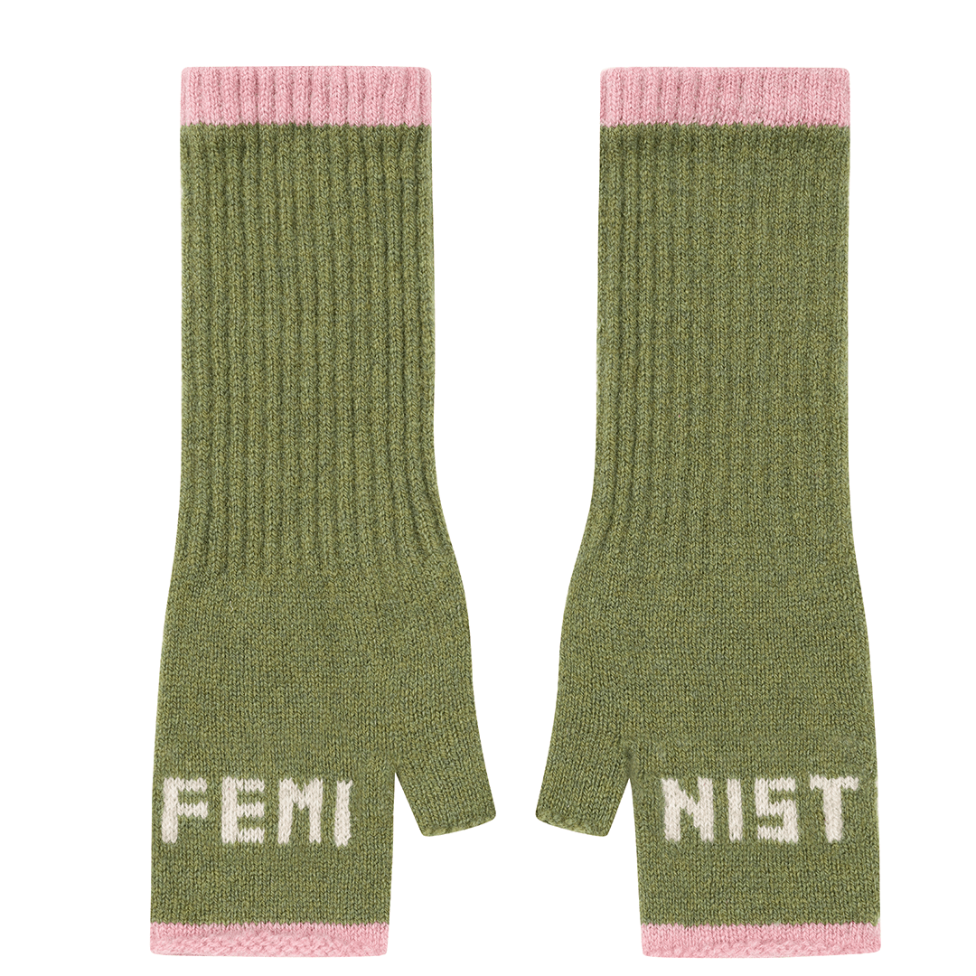 Black & Beech Feminist Fingerless Mittens in Pistachio & Calamine