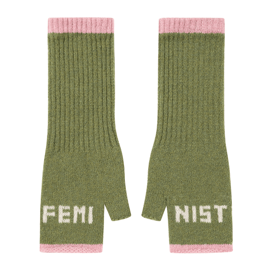 Black & Beech Feminist Fingerless Mittens in Pistachio & Calamine