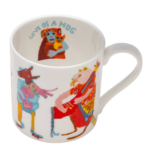Mug with colorful animal illustrations and text on a white background