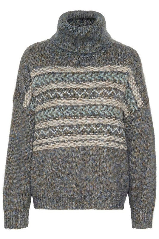 Saint Tropez Gargi Roundneck Pullover in Flint Stone with a muted fairile design across the chest 