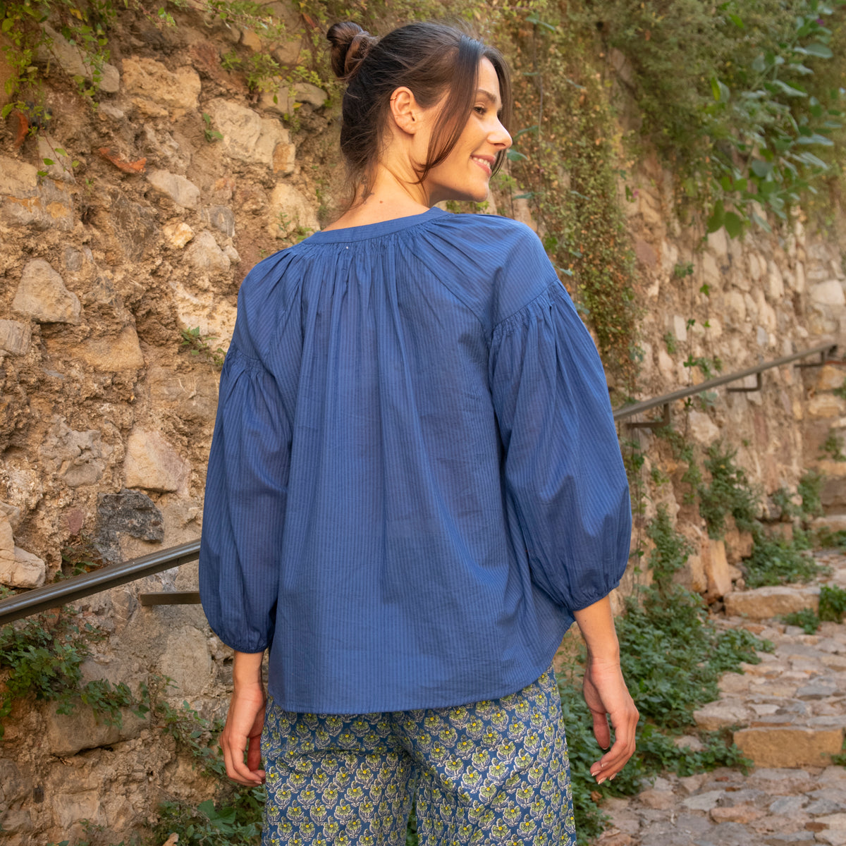 Zen Ethnic Plain Helen Top in Blue