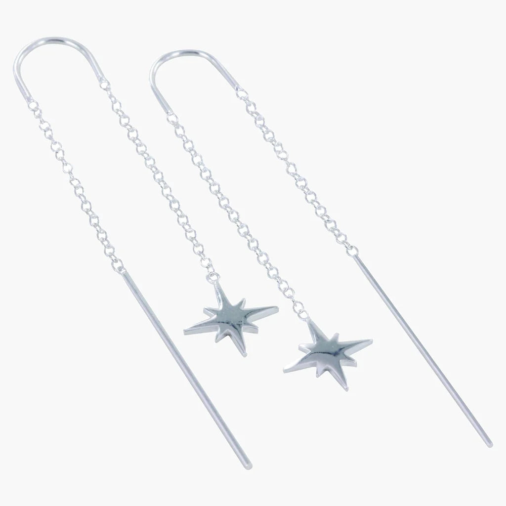 eight point star, feed-through drop earrings in sterling silver 