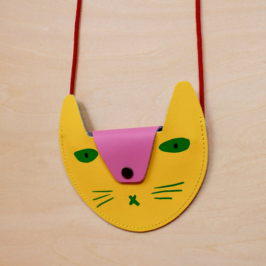 Leather Cat Pocket Purse in Yellow and Pink 