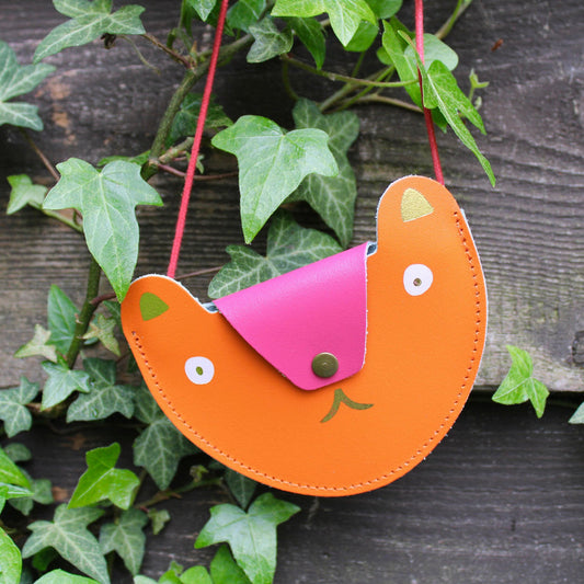 Orange and new pink leather bear purse from Ark Colour Design