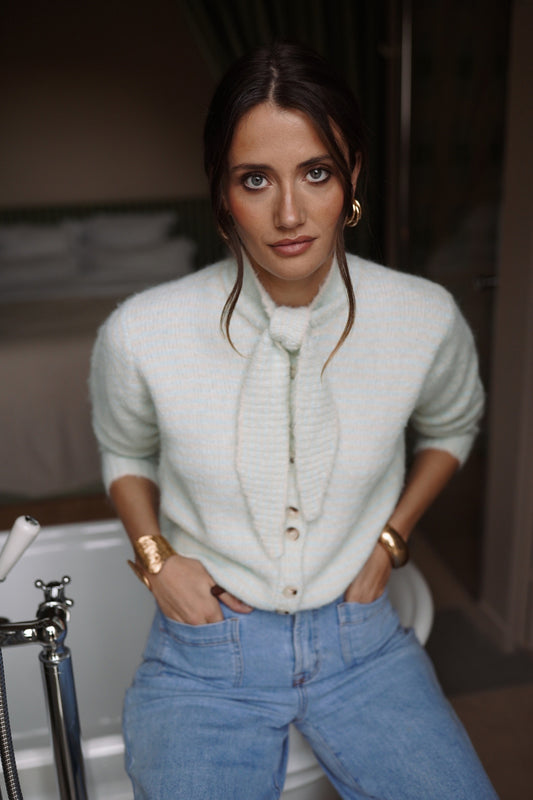 Clara Striped Knit Cardigan with Integrated Scarf in Blue