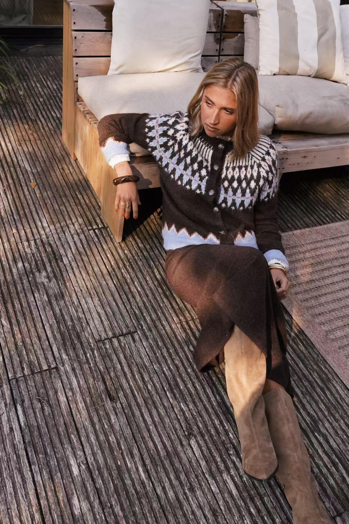Frieda Cardigan in Chocolate and Blue