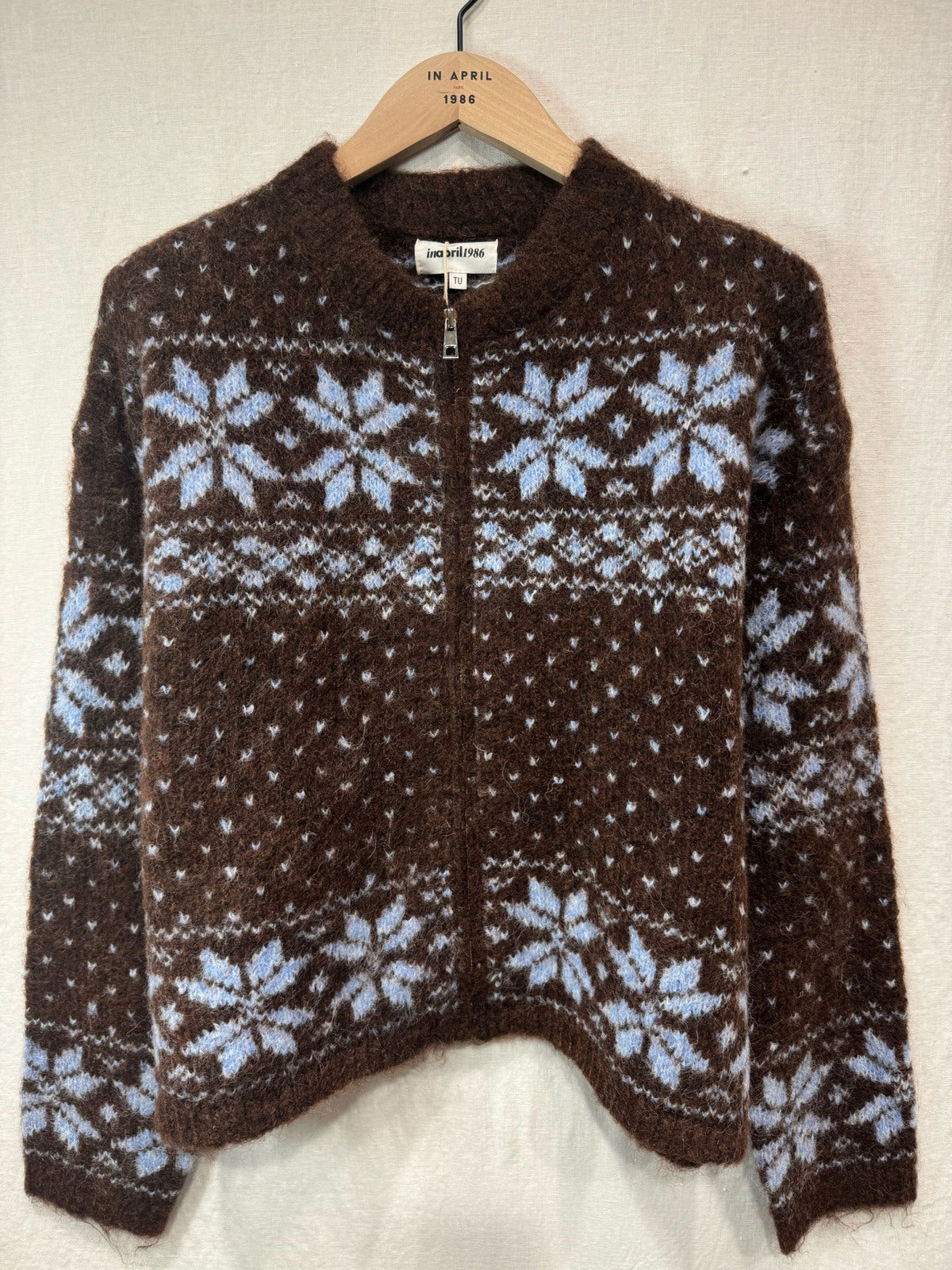 Astrid Zip Up Cardigan Chocolate and Pale Blue