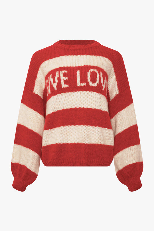 Noella Give Love oversized Knit in Red Ivory Stripe with GIVE LOVE written across the front