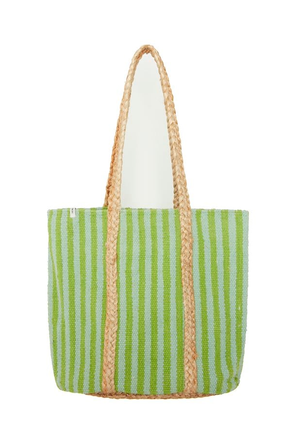Ichi blue and green striped jute summer beach bag