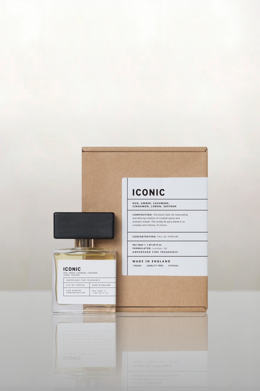 Perfume bottle and packaging with 'Iconic' branding on a white background