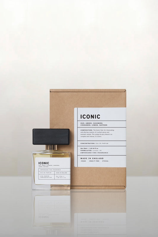 Perfume bottle and packaging with 'Iconic' branding on a white background