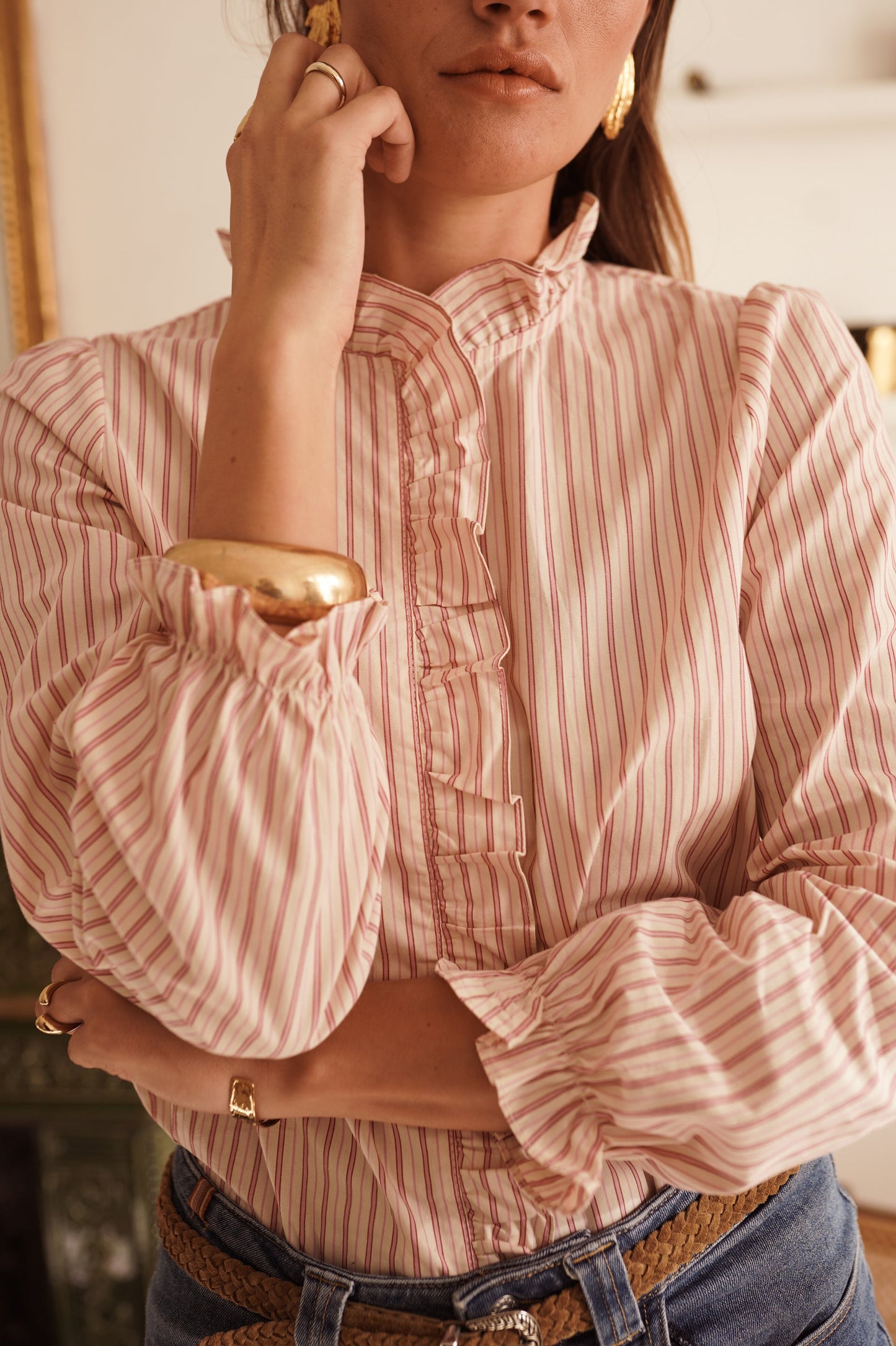 Kerry Shirt with Ruffles in Pink Stripe