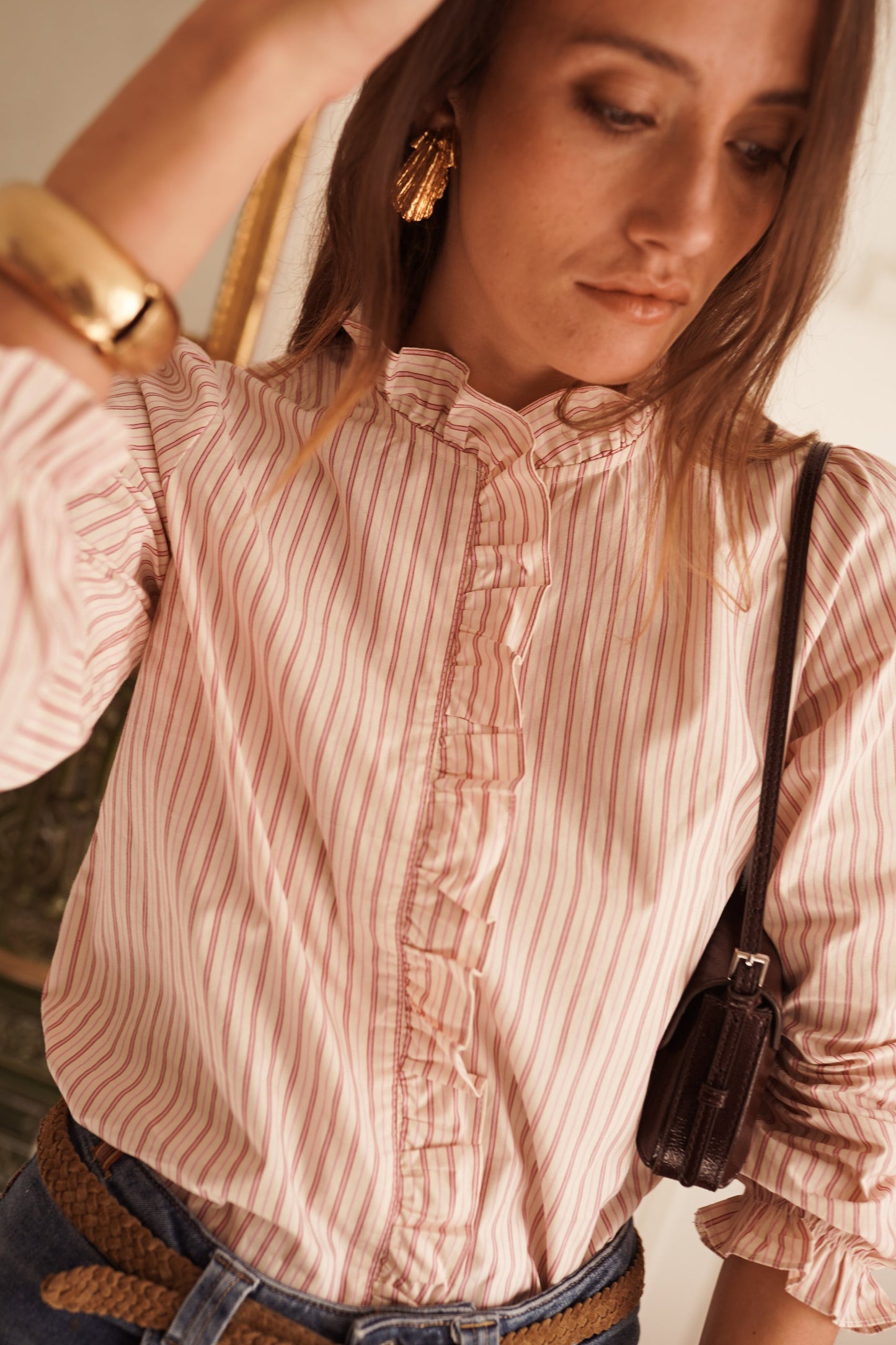 Kerry Shirt with Ruffles in Pink Stripe
