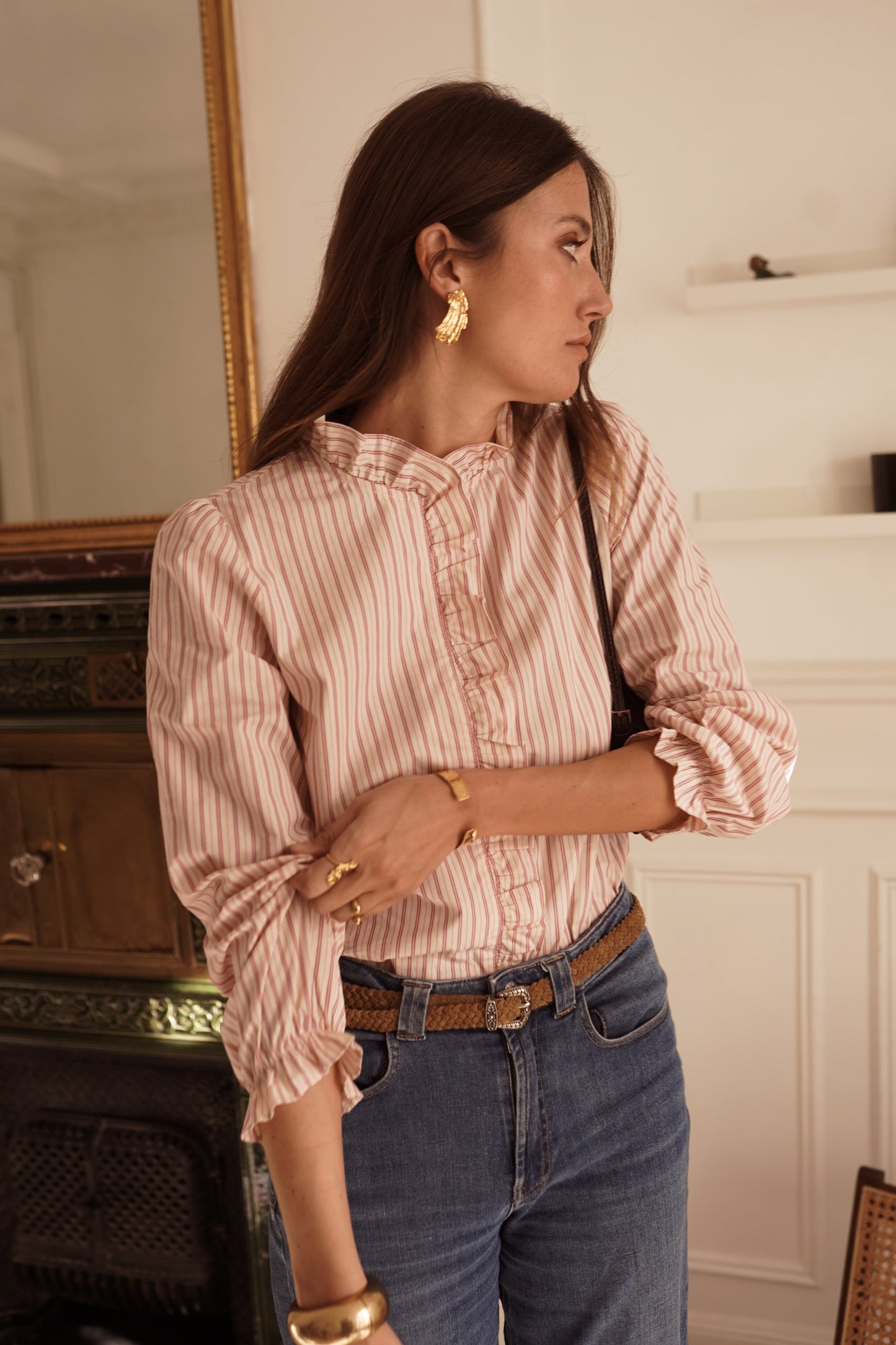 Kerry Shirt with Ruffles in Pink Stripe