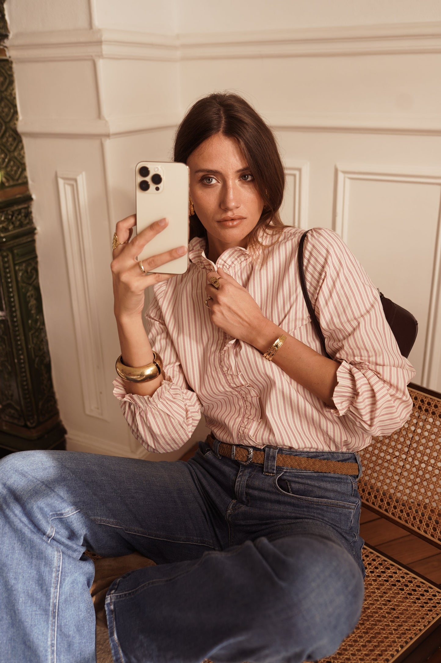 Kerry Shirt with Ruffles in Pink Stripe