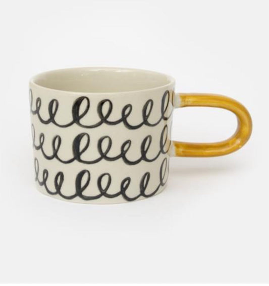 Caroline Gardner monochrome squiggle mug with yellow handle