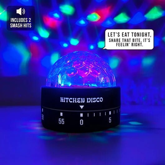 Kitchen timer with disco ball effect and colorful lights in the background