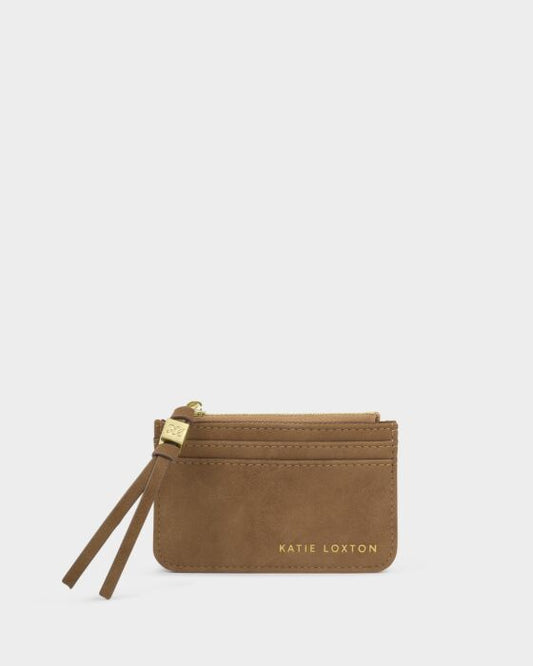Brown leather pouch with a strap on a white background, featuring the brand 'Katie Loxton'.