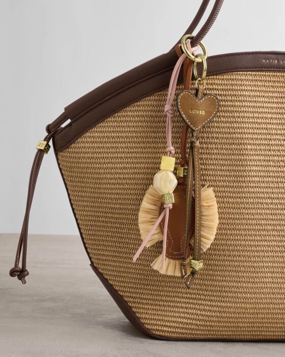 Katie Loxton Heart Charm Tag Keyring - Loved - in Caramel Suedette