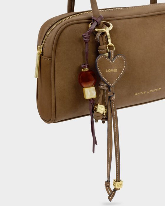Katie Loxton Heart Charm Tag Keyring - Loved - in Caramel Suedette