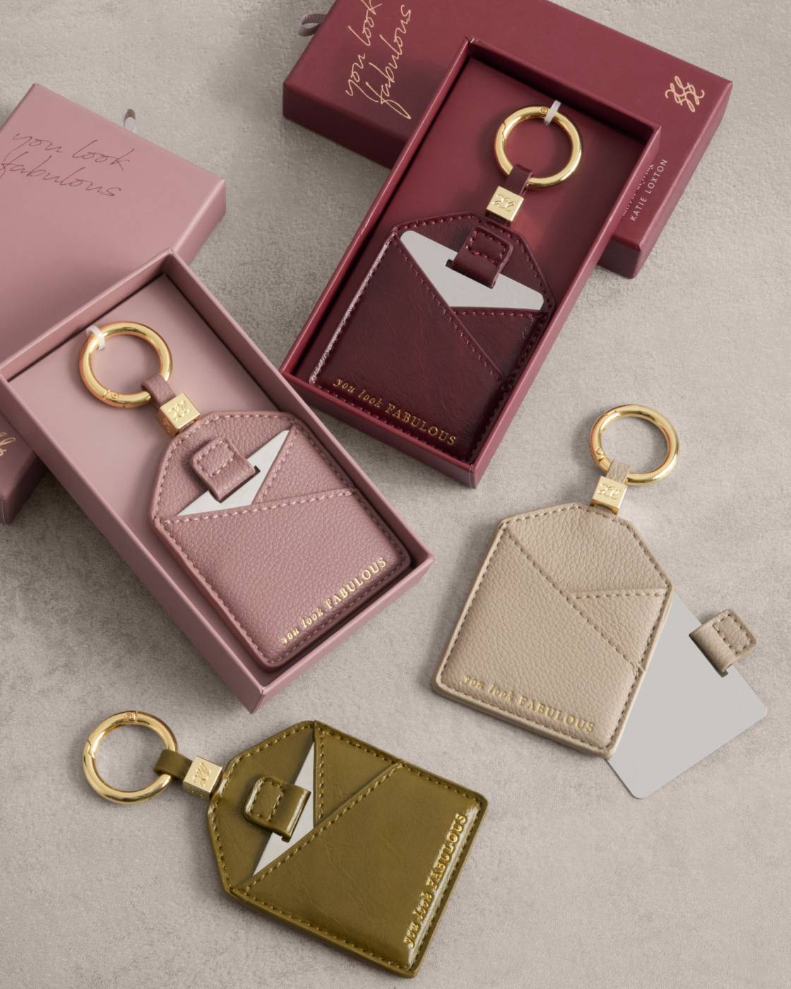Katie Loxton Boxed Mirror Keyring  'You Look Fabulous' in Light Taupe