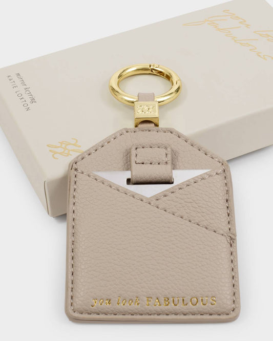 Katie Loxton Boxed Mirror Keyring  'You Look Fabulous' in Light Taupe