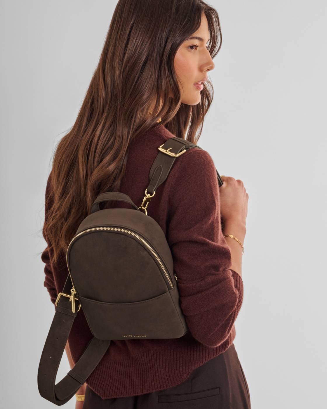 Katie Loxton Mika Small Suedette Backpack in Bitter Chocolate Suedette