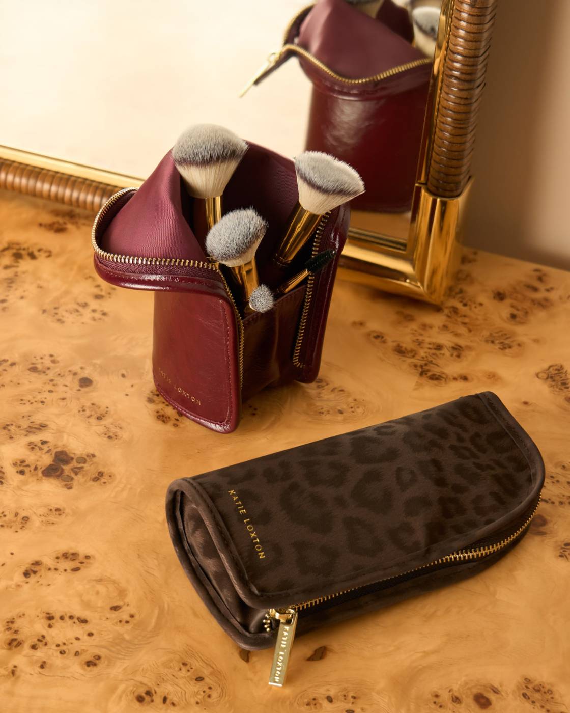 Katie Loxton Travel Makeup Brush Set With Case in Chocolate Leopard