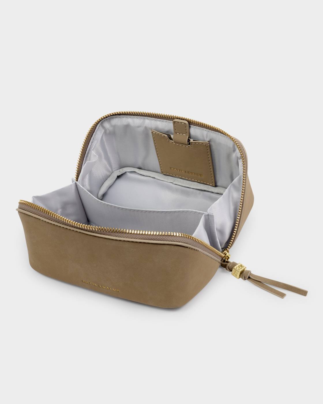 Katie Loxton Fold-Out Suedette Mirror Makeup Bag in Taupe