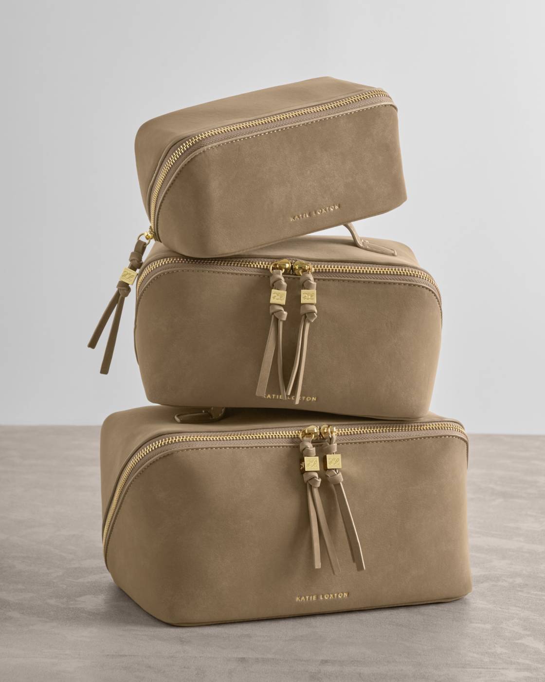 Katie Loxton Fold-Out Suedette Mirror Makeup Bag in Taupe