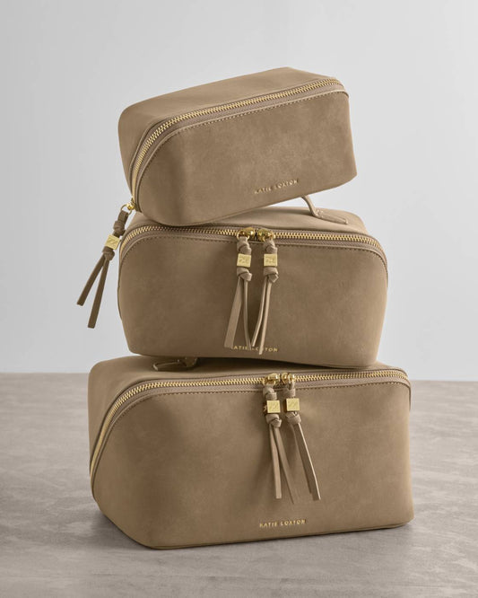 Katie Loxton Fold-Out Suedette Mirror Makeup Bag in Taupe