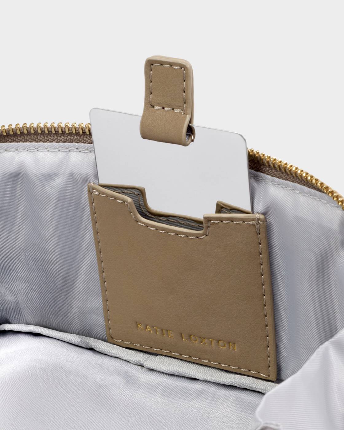Katie Loxton Fold-Out Suedette Mirror Makeup Bag in Taupe
