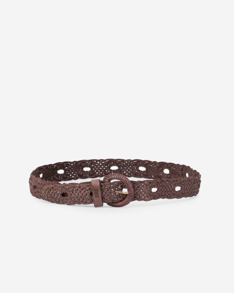 Brown woven belt with a buckle on a white background