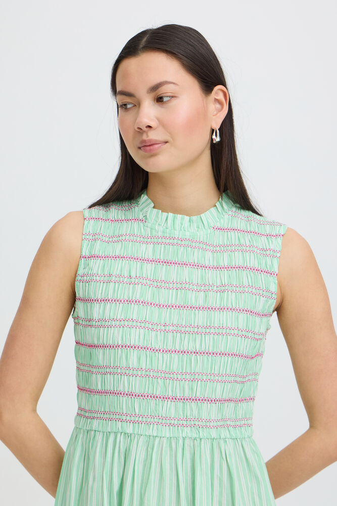 ICHI Locy Dress in Green & Birch Stripe
