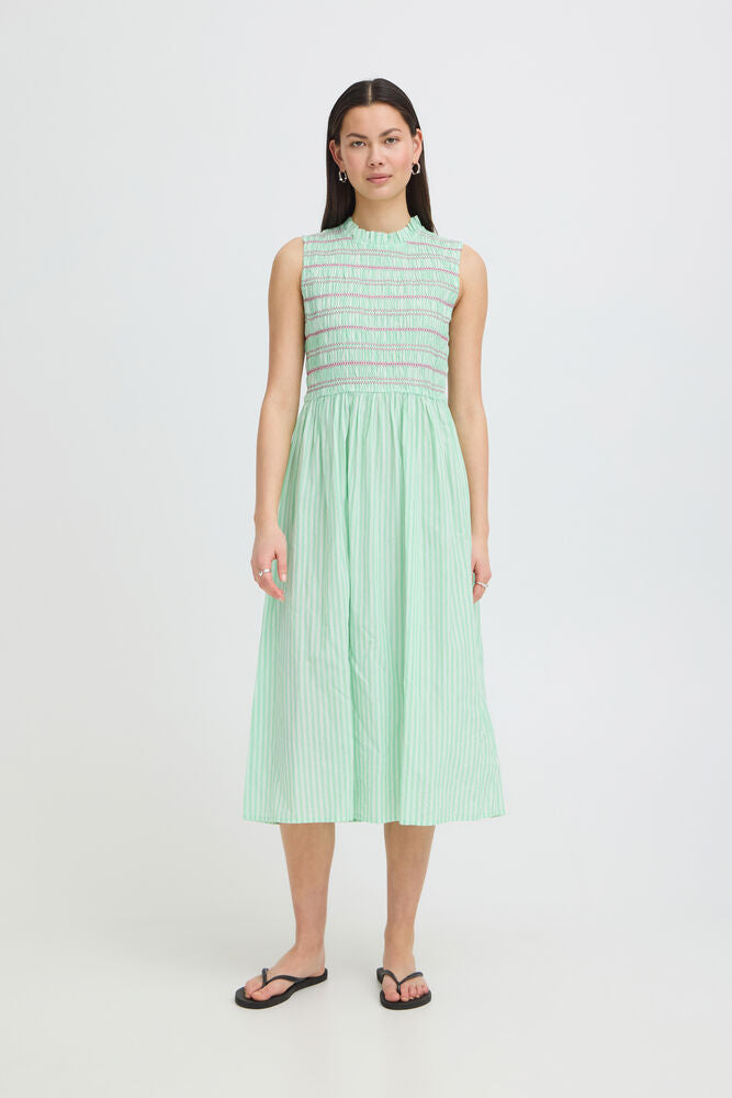 ICHI Locy Dress in Green & Birch Stripe