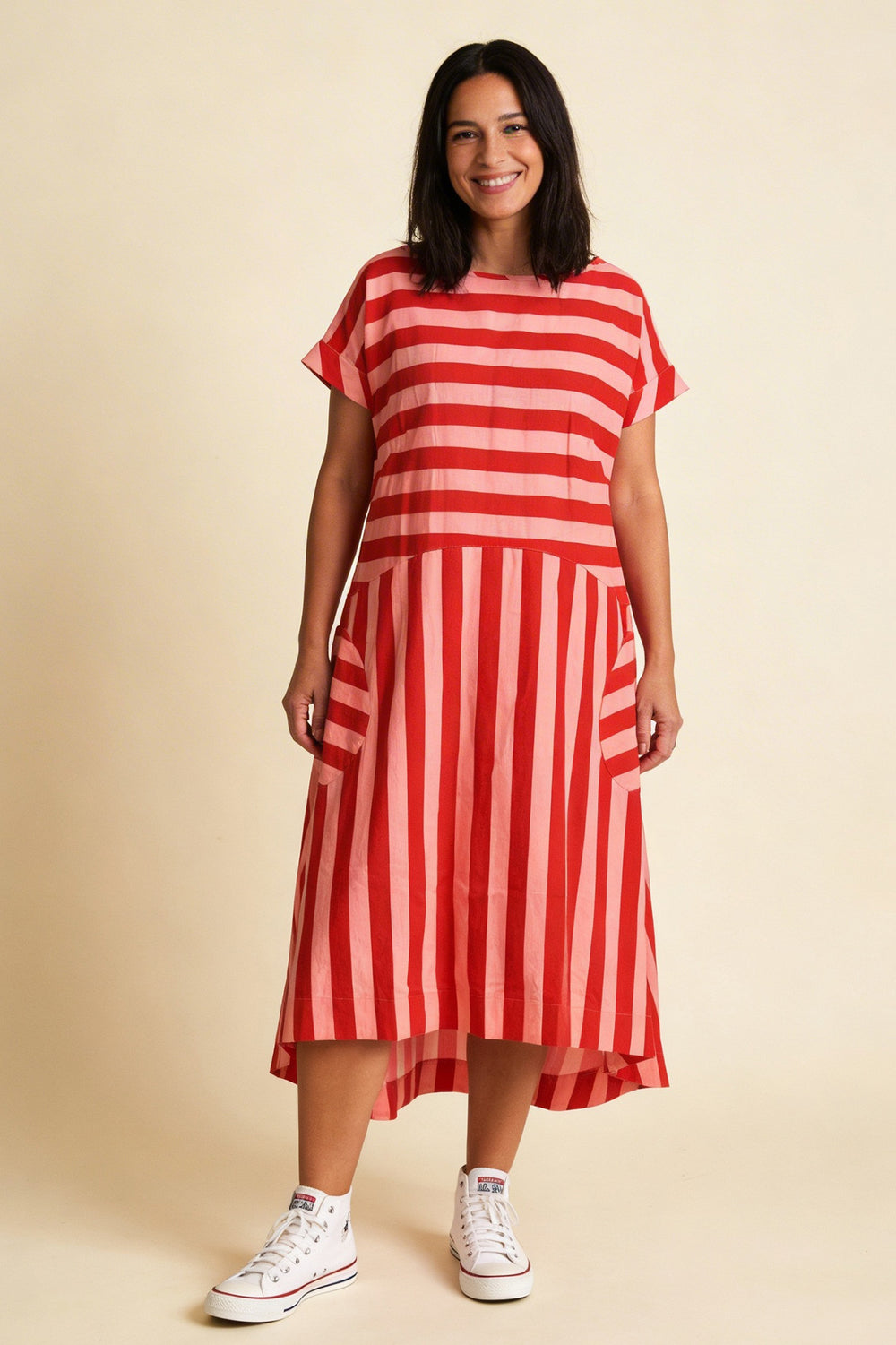 Pretty Vacant Luna Dress in Pink & Red Block Stripe