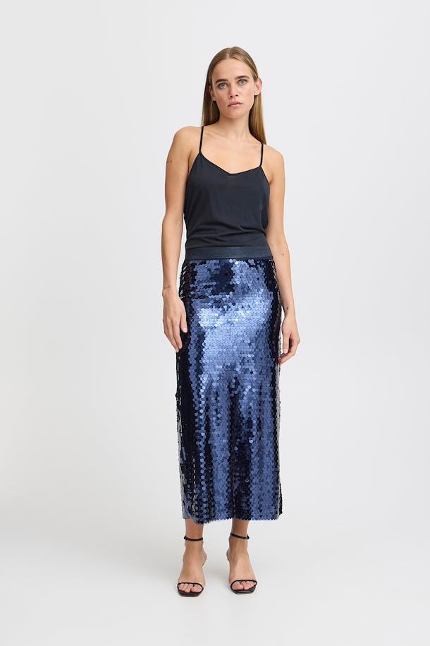 Ichi  a fully sequined long length Skirt in Maritime Blue with a slit a the front