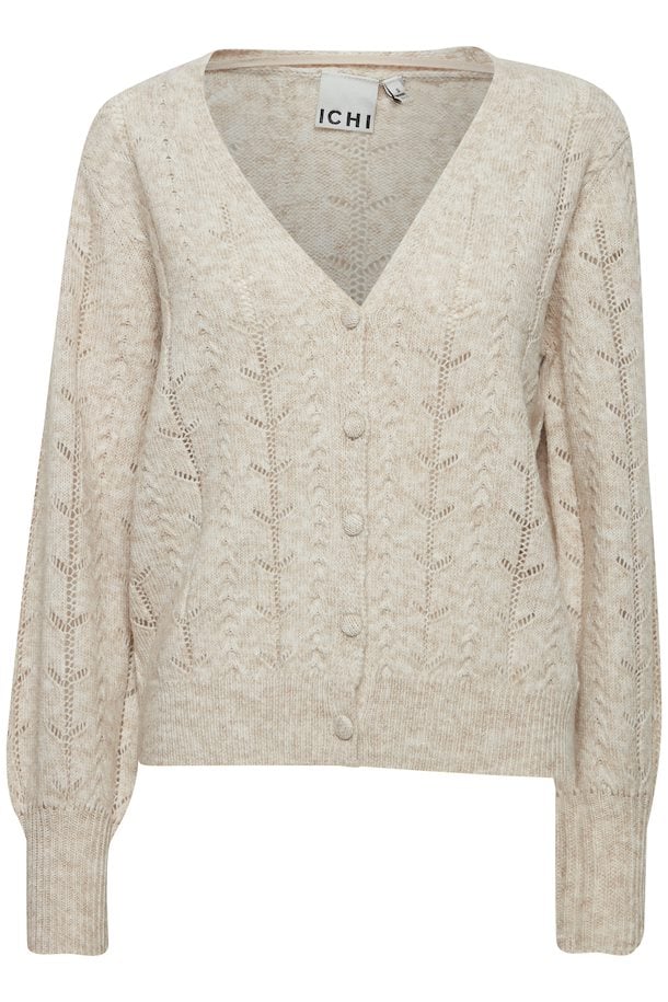 Ichi Anose Cardigan in Oatmeal Melange with self covered buttons and pretty lace stitch detail