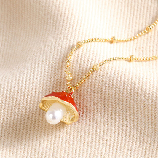 Lisa Angel Pearl and Enamel Toadstool Pendant Necklace in Gold