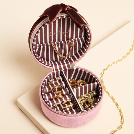 Lisa Angel Pink and Burgundy Velvet Bow Mini Round Jewellery Case