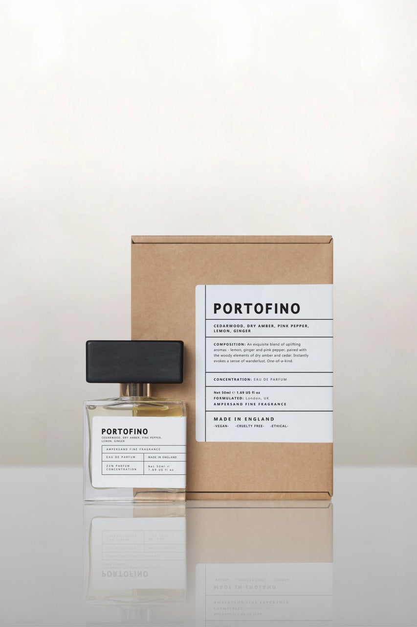 Portofino perfume bottle and packaging on a white background