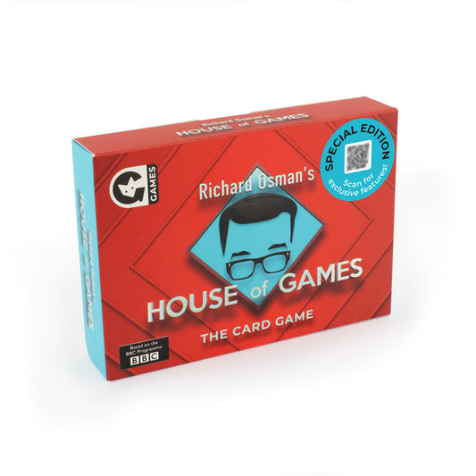 The card game 'House of Games: Special Edition' box by G Games and BBC, featuring a red and light blue design with a stylized portrait of Richard Osman.