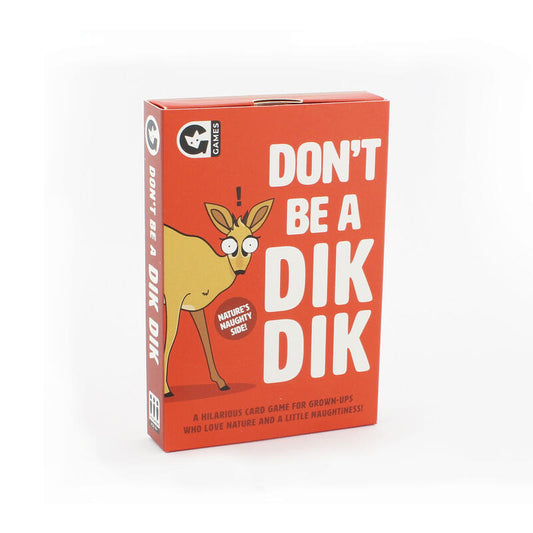 A red card game box titled 'DON'T BE A DIK DIK' with a cartoon deer illustration and the Games42 logo, photographed on a clean white background.