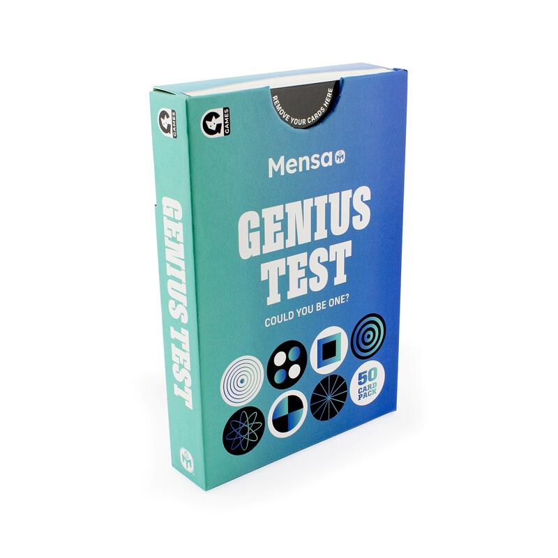 Mensa Genius Test card game box, featuring a blue and teal gradient cover with white text and black geometric graphics, shown on a clean white background.