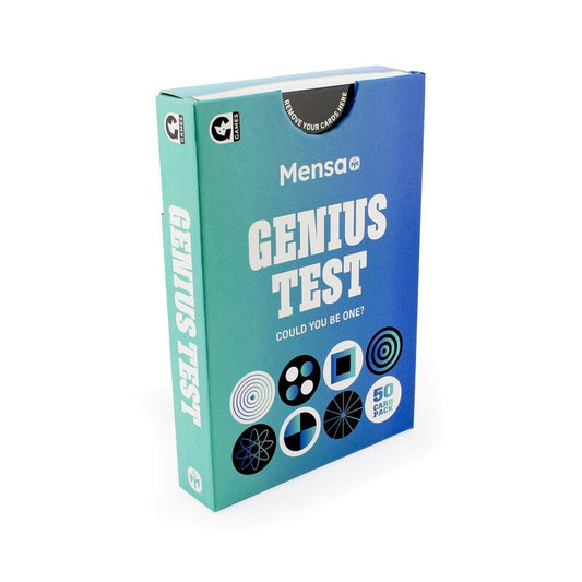 Mensa Genius Test card game box, featuring a blue and teal gradient cover with white text and black geometric graphics, shown on a clean white background.